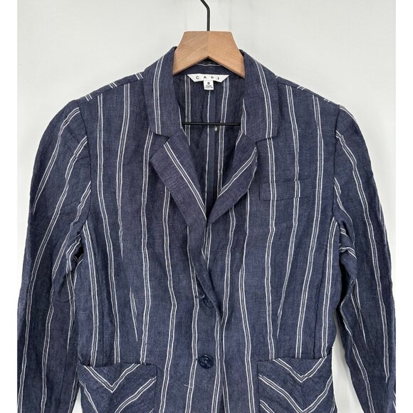Cabi Navy White Stripe Linen Blazer 8 Women 2 Button 3/4 Sleeve Pockets Nautical - Picture 2 of 10